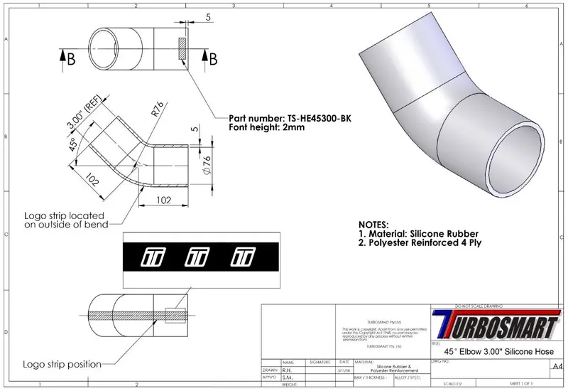 Turbosmart 45 Elbow 3.00 - Blue Silicone Hose (Ts-He45300-Be) 1